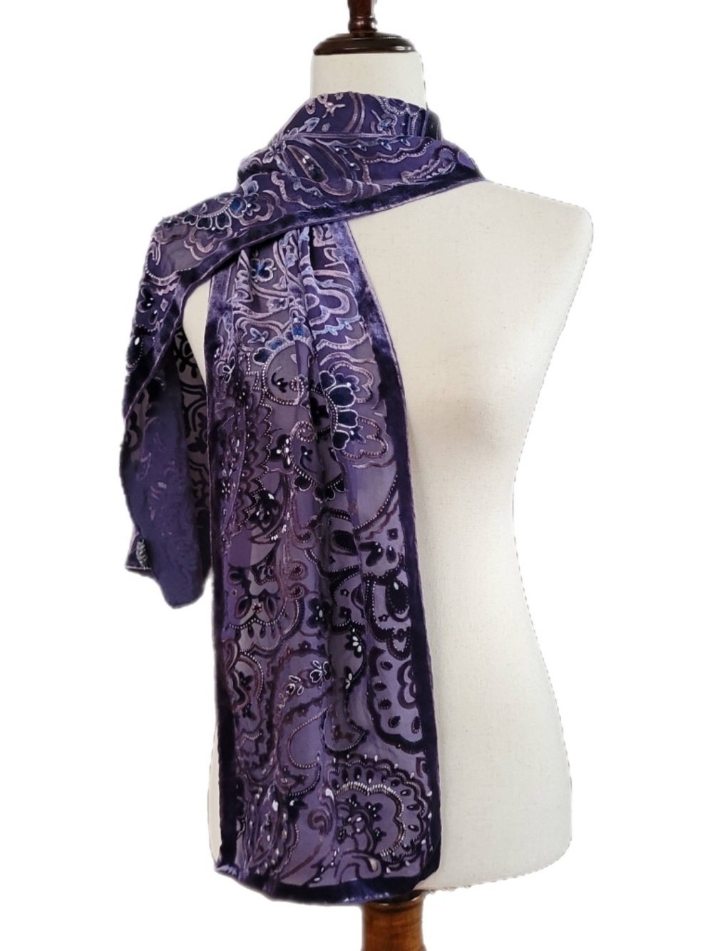 Burnout Silk Rayon Purple Floral & Paisley Rectangle Scarf Boho Whimsy Goth